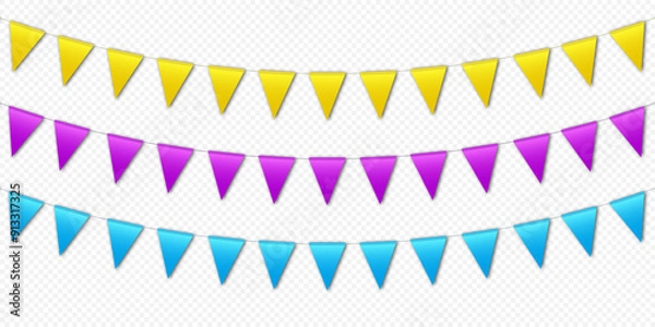 Fototapeta Colorful bunting flags, carnival party flags, festive pennants hanging on a rope. Festival vector decoration.