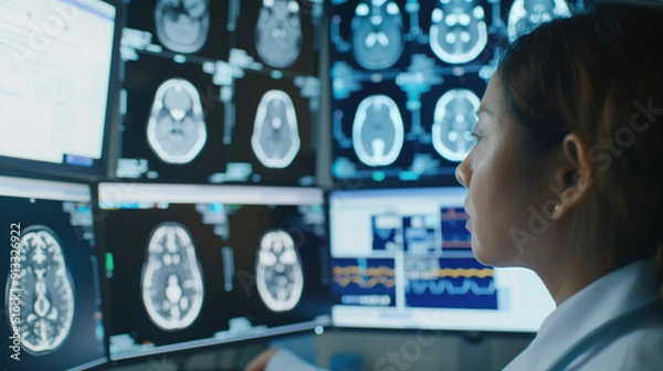 Fototapeta Doctor specialist, brain surgeon using computer holographic display screen technology assistance AI, operation simulation, ai medical healthcare technology concept