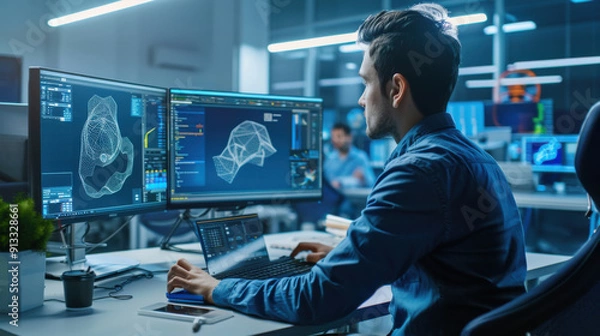 Fototapeta Product designer using 3D modeling software in a high-tech office.