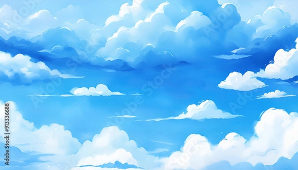 Fototapeta 2D watercolor blue sky design with cloud for background, abstract texture, hand drawn painting
