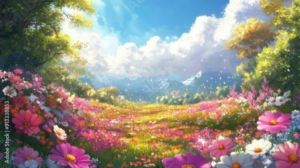 Obraz Colorful flower field, spring fantasy landscape, anime style, digital painting, 3D illustration
