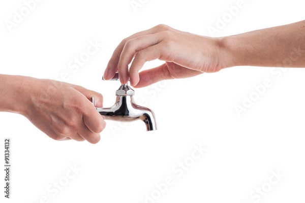 Fototapeta 水道の蛇口,人間の手,白背景