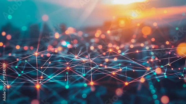 Fototapeta Smart digital Innovation city with connection network reciprocity over the cityscape .Concept of future smart wireless digital city and social media networking systems that  people within the city