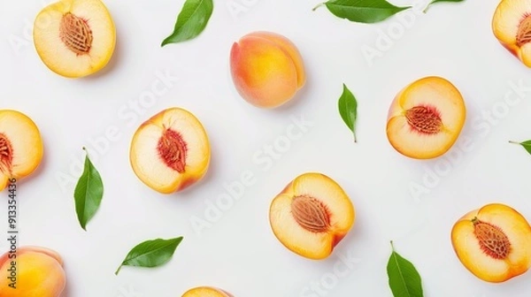 Fototapeta Delicate arrangement of peach halves with leaves, showcasing the fresh, juicy texture and vibrant color against a simple white background