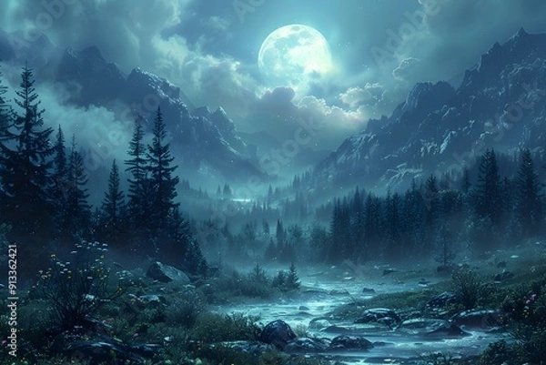 Fototapeta Enchanting Moonlit Forest with Soft Glow and Mysterious Shadows:Tranquil Nighttime Landscape in Style