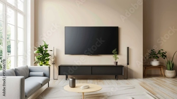 Fototapeta Empty living room mockup a TV wall mounted with sofa in living room with cream color wall- 3D rendering 