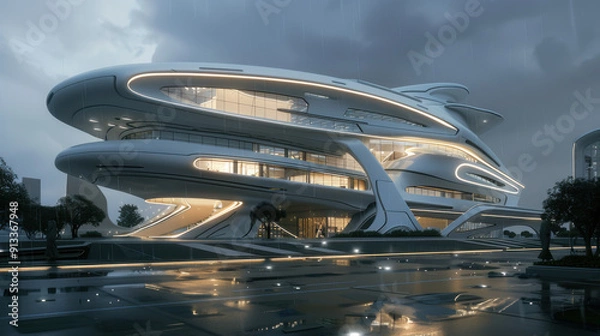 Fototapeta 3D render of abstract futuristic architecture with Empty ground.minimalist style design,