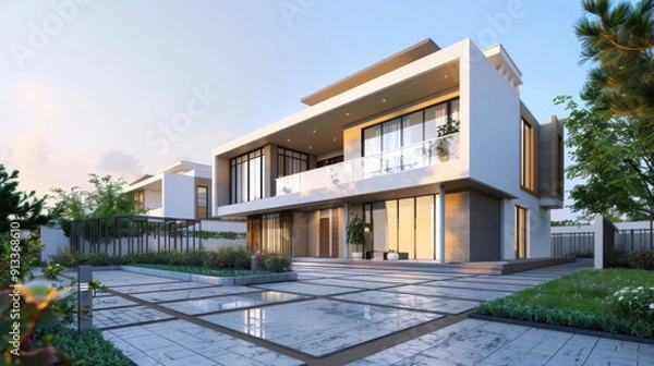 Obraz modern building with sky, minimalist style design, blue skies, 3D rendering