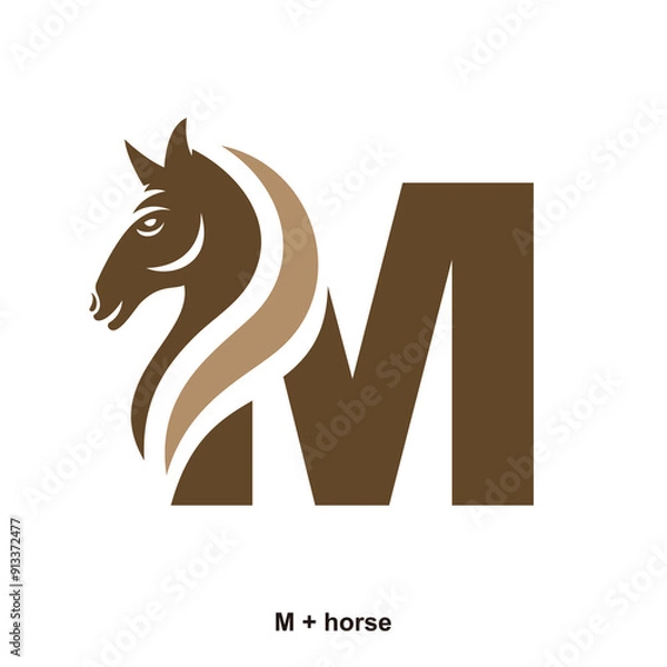 Fototapeta Horse and letter M concept for initial logo or brand name, suitable for ranch farmer, equestrian sports business and others.