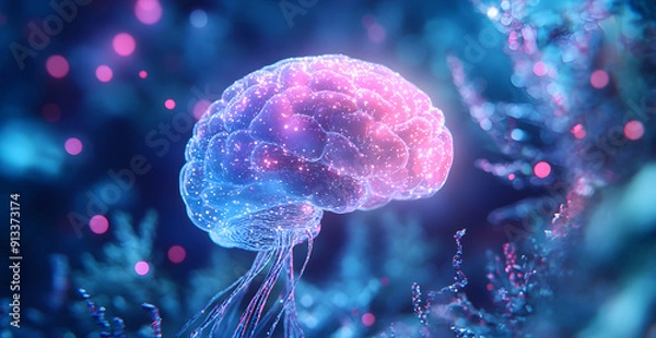Fototapeta A brain with purple and blue colors is floating in the water