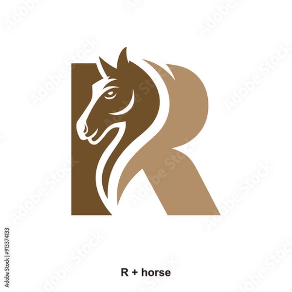 Fototapeta Horse and letter R concept for initial logo or brand name, suitable for ranch farmer, equestrian sports business and others.