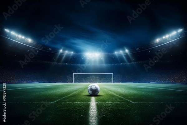 Obraz 3d rendering of sport concept background - soccer footbal stadium with floodlights. Grass fooball pitch with mark up and soccer goal with net