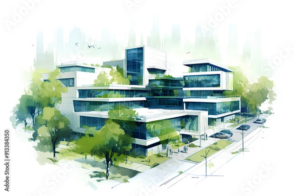 Obraz aerial view Modern corporate building architecture sketch design mix , blue green tones, over white. blue green watercolor strokes, white background AI generated