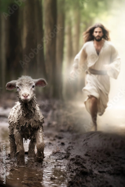 Obraz Jesus Saves The Lost Lamb, Divine Mercy in Action: Jesus Rescues a Stray Lamb.