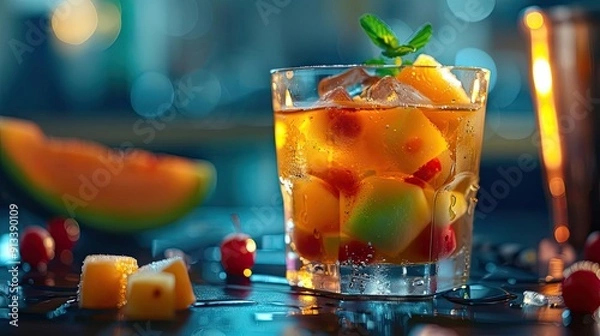 Fototapeta A refreshing cocktail served in a glass, featuring colorful fruits and ice, perfect for summer gatherings or parties.
