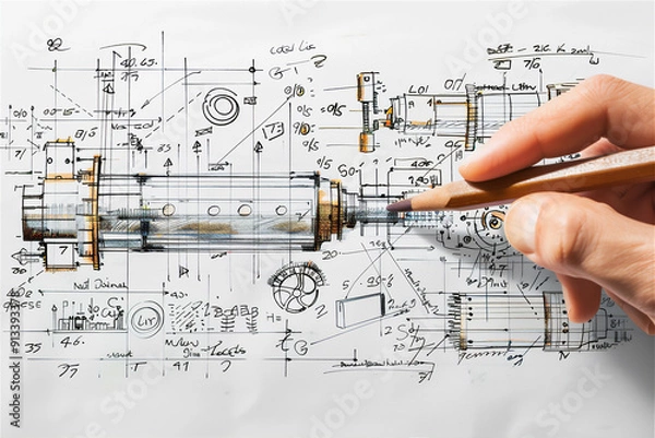 Fototapeta architect drawing a machine blueprint on  paper