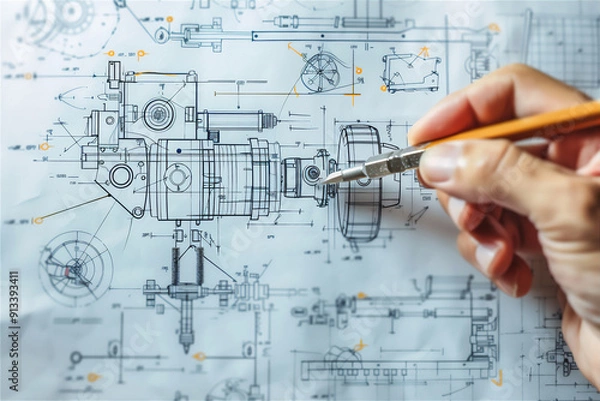 Fototapeta architect drawing a machine blueprint on  paper