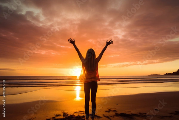 Obraz Happy cheering celebrating success woman at beautiful beach sunset. Fitness girl enjoying view with arms raised up towards the sky. Happy free freedom sport concept image outdoors.
