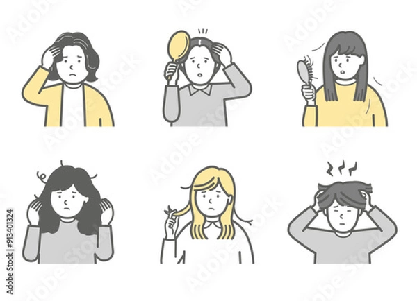 Fototapeta さまざまな髪の悩みのイラストセット