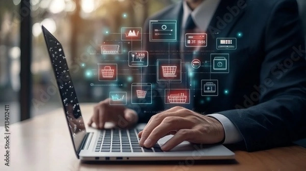 Fototapeta The business ecommerce concept features a businessman using a laptop with online shopping icons for internet shopping online purchases ecommerce stores online business and shopping on