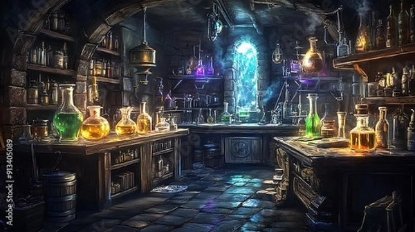 Fototapeta A dimly lit alchemist's laboratory with shelves of glass vials and a glowing portal.