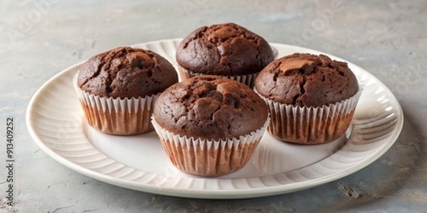 Fototapeta Three delicious chocolate muffins served on a plate with a green umbrella , chocolate, muffins, dessert, food, plate, sweet