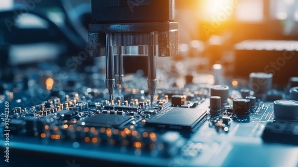 Obraz An automatic pick and place machine rapidly installs components on a generic circuit board highlighting the electronics and circuit board manufacturing process in a bright environment
