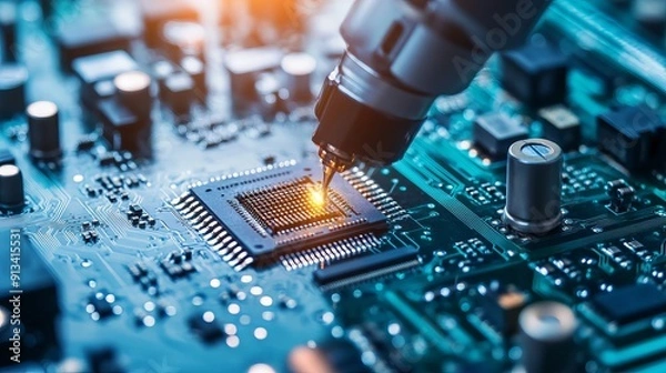 Obraz Inside an electronics factory an advanced highprecision robot arm is used for component installation on a black circuit board in a fully automated modern PCB assembly line for electronic