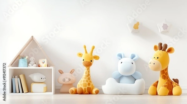 Fototapeta Cute plush toys in a bright nursery, featuring giraffes and a cozy shelf enhancing a cheerful and playful atmosphere.
