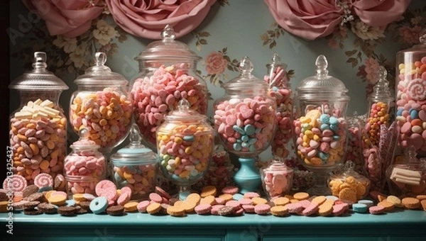Fototapeta a row of glass jars filled with colorful candies, 