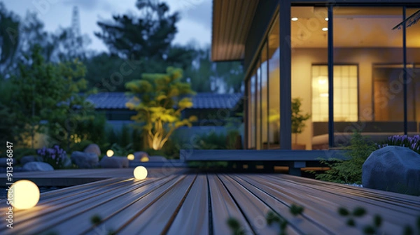 Fototapeta スタイリッシュな木造デッキと微妙な景観照明を備えた現代的な郊外の家
