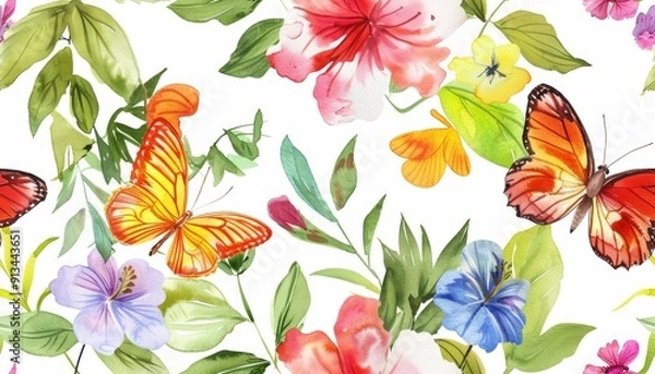 Fototapeta Tropical Butterflies and Flowers Watercolor Pattern on White Background