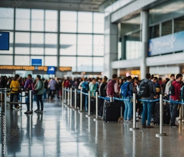Fototapeta A long line of passengers waits at an airport gate, likely for a delayed or canceled flight due to overbooking