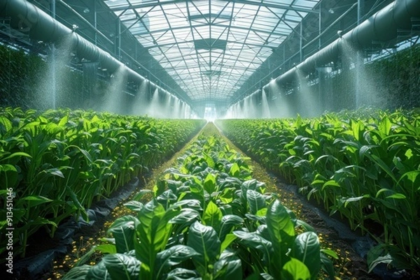 Fototapeta Greenhouses with Automated Irrigation System