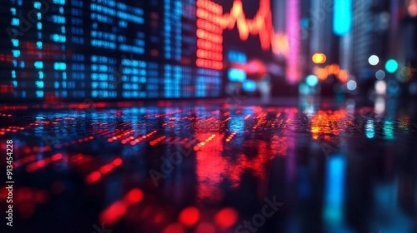 Obraz Close-up of Stock Market Data Displaying Glowing Red and Blue Numbers and Graphs, Reflected on a Glossy Surface in a Vibrant and Dynamic Style, Illustrating Financial Trends and Analysis