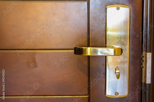 Fototapeta The metal door handle on a brown door for lock