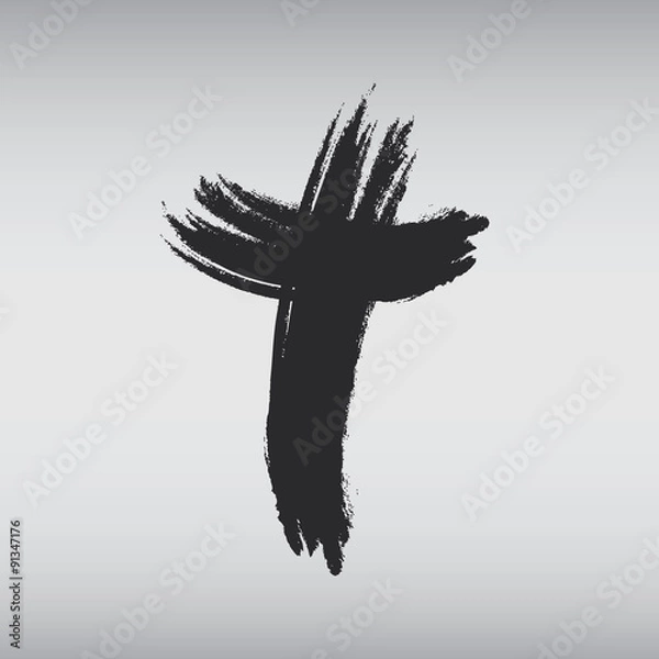 Fototapeta Hand drawn black grunge cross icon, simple Christian cross sign, hand-painted cross symbol created with real ink brush isolated on white background.