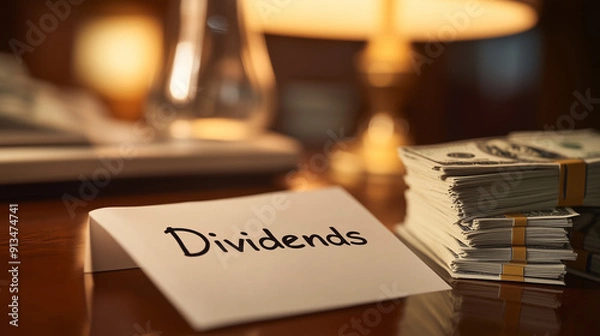 Fototapeta A photograph of a "Dividends" sign, with stacks of  bills neatly arranged beside it.