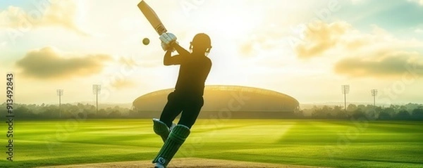 Fototapeta A cricketer hitting a ball on a field close up, focus on, copy space Green and expansive cricket ground Double exposure silhouette with stadium
