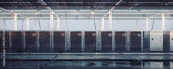 Fototapeta A battery storage facility featuring rows of power cells