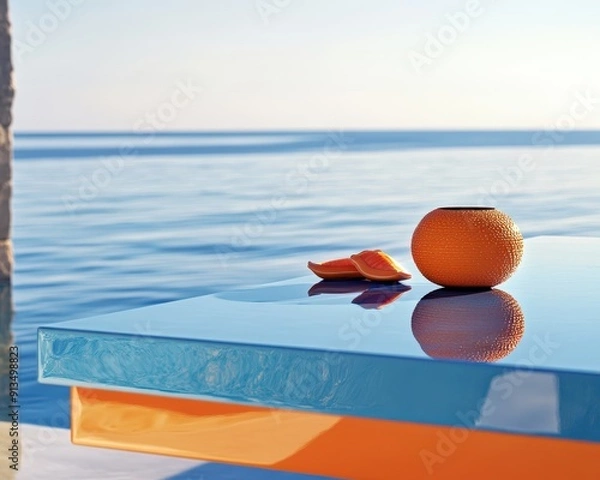 Fototapeta Modern blue and orange table in a coastal setting, highlighting the interplay between sleek design and beachside tranquility