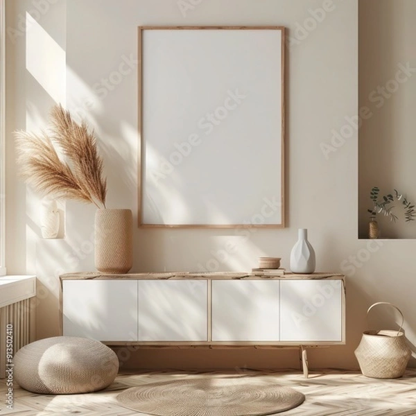 Obraz stylish white sideboard with wooden frame mock-up on the wall. great for presenting your artwork or photos in a chic home decor