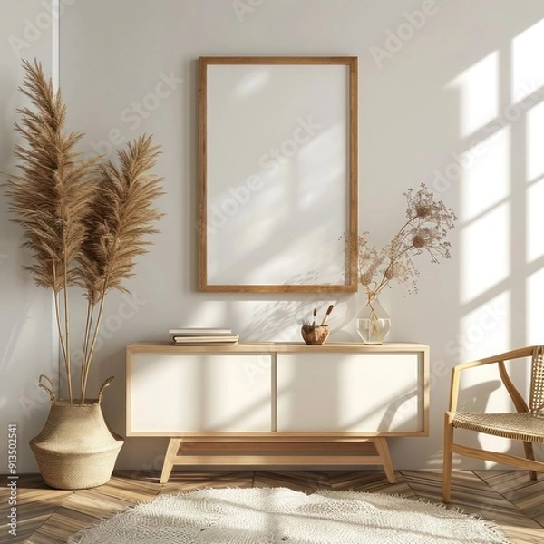 Fototapeta Mock-up with wooden frame on a white, brown, or black sideboard against the wall. perfect for displaying artwork in a modern home.