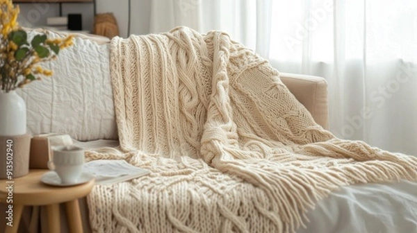 Fototapeta Cozy Handcrafted Knit Throw Blanket with Intricate Patterns for Warm Comfort