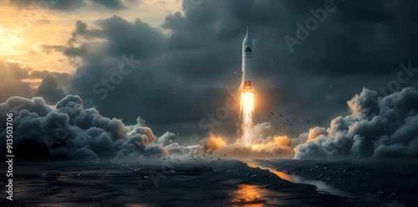 Fototapeta A stunning depiction of a rocket launch at dusk, with dramatic clouds and glowing exhaust flames illuminating the scene. The image captures the power and awe of space exploration, showcasing the rocke
