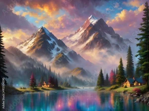 Fototapeta This exquisite painting captures the serene beauty of majestic mountains reflected in a tranquil lake, inviting viewers to immerse themselves in nature's splendor