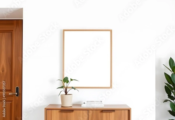 Fototapeta A modern living room with with poster frame a white sectional sofa, a wooden coffee table, and a blank framed wall art on the peach-colored wall
