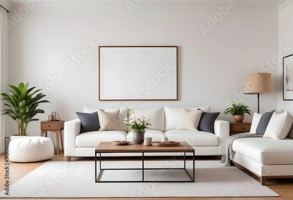 Fototapeta A minimalist living room with a white sofa and photo frame, a wooden side table with a fruit bowl, and a blank wooden frame on the wall