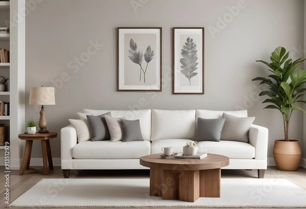 Fototapeta A minimalist living room with a white sofa and photo frame, a wooden side table with a fruit bowl, and a blank wooden frame on the wall
