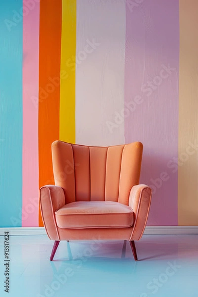 Fototapeta Abstract minimal concept with a pastel multi-color vibrant retro striped background and a bright armchair decor
